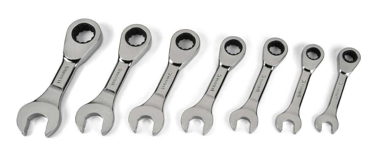 3/8"-3/4" Williams Polished Chrome Stubby Reversible Ratcheting Combination Wrench Set 7 Pcs in Pouch - JHWWS1170RSS Pro Torque Tools