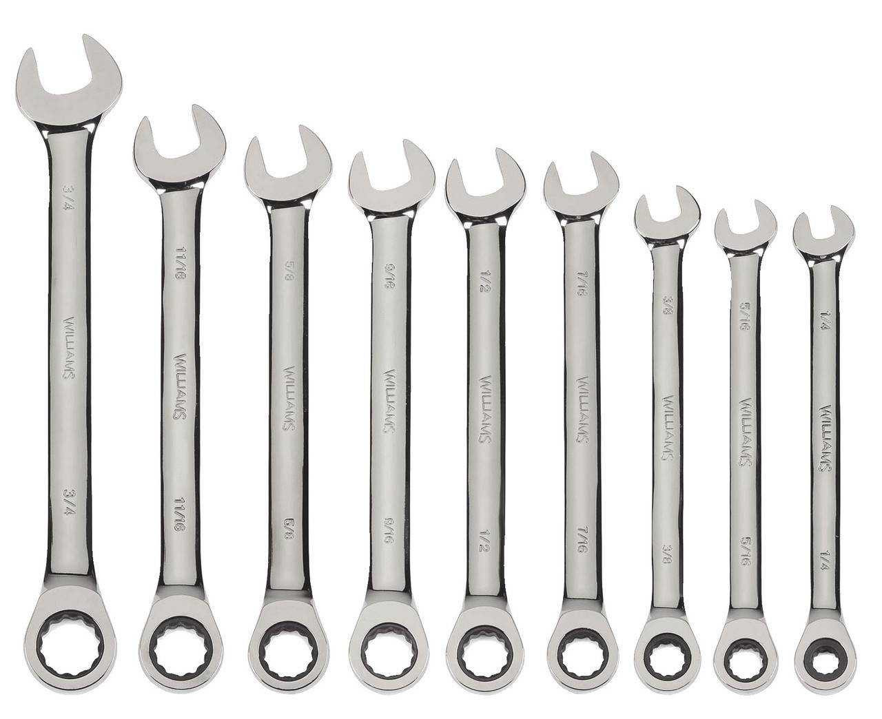 1/4"-3/4" Williams Polished Chrome Combination Ratcheting Wrench Set 9 Pcs in Pouch - JHWWS-1120NRC Pro Torque Tools