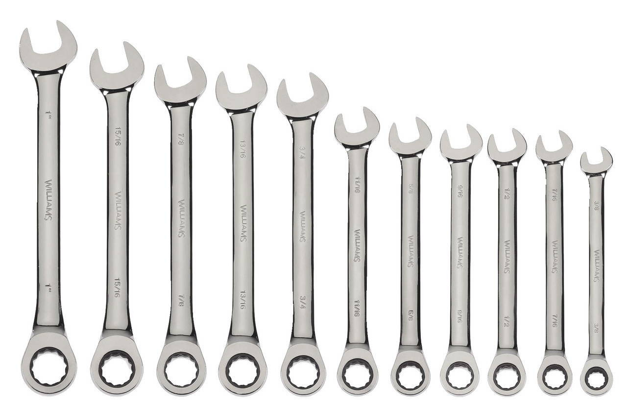 Williams 3/8-1 Williams Polished Chrome Combination Ratcheting Wrench Set 11 Pcs in Pouch - JHWWS-1121NRC