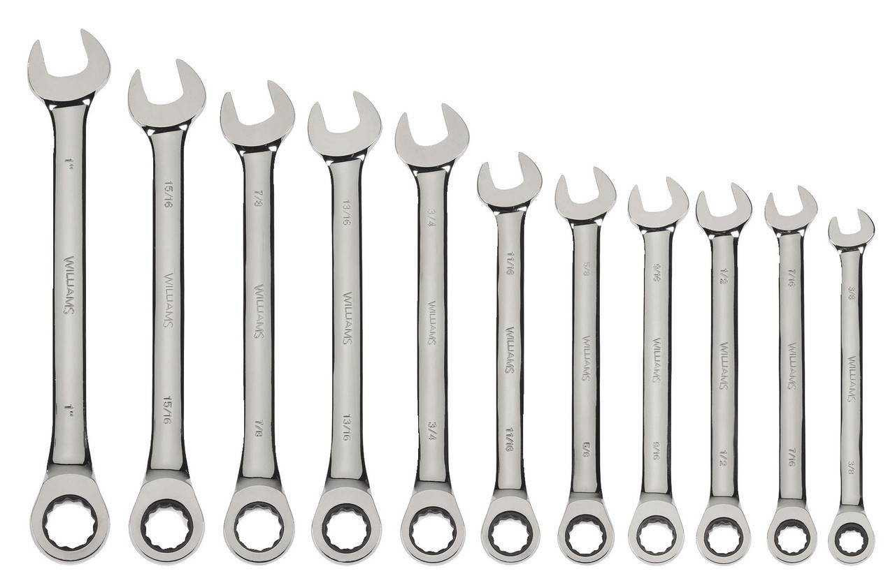 3/8"-1" Williams Polished Chrome Combination Ratcheting Wrench Set 11 Pcs in Pouch - JHWWS-1121NRC Pro Torque Tools
