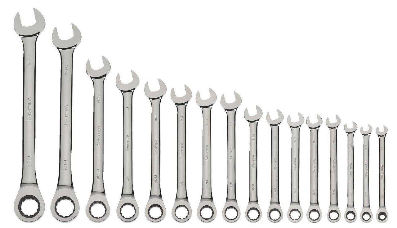 1/4"-1 1/4" Williams Polished Chrome Combination Ratcheting Wrench Set 16 Pcs in Pouch - JHWWS-1122NRC Pro Torque Tools