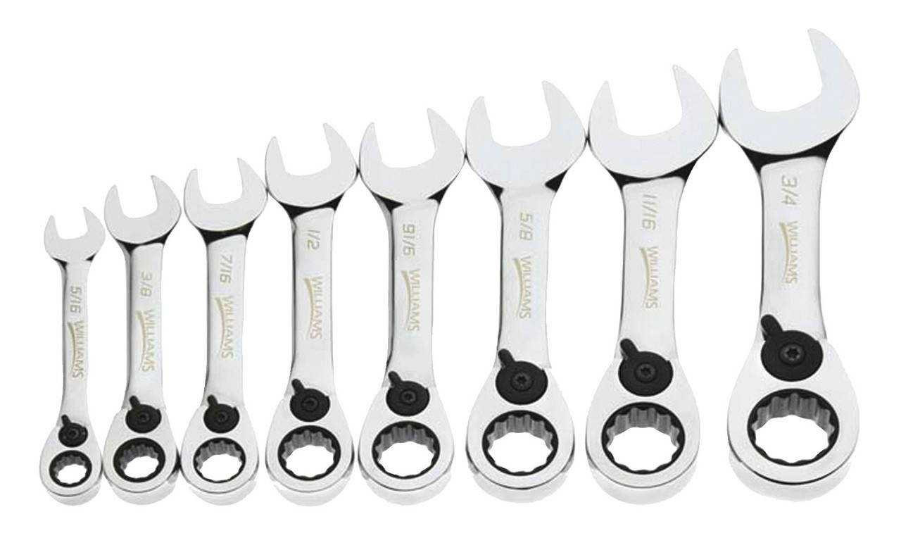 5/16"-3/4" Williams Polished Chrome Reversible Stubby Ratcheting Combination Wrench Set 8 Pcs in Plastic Tray - JHWWS1168RCS Pro Torque Tools