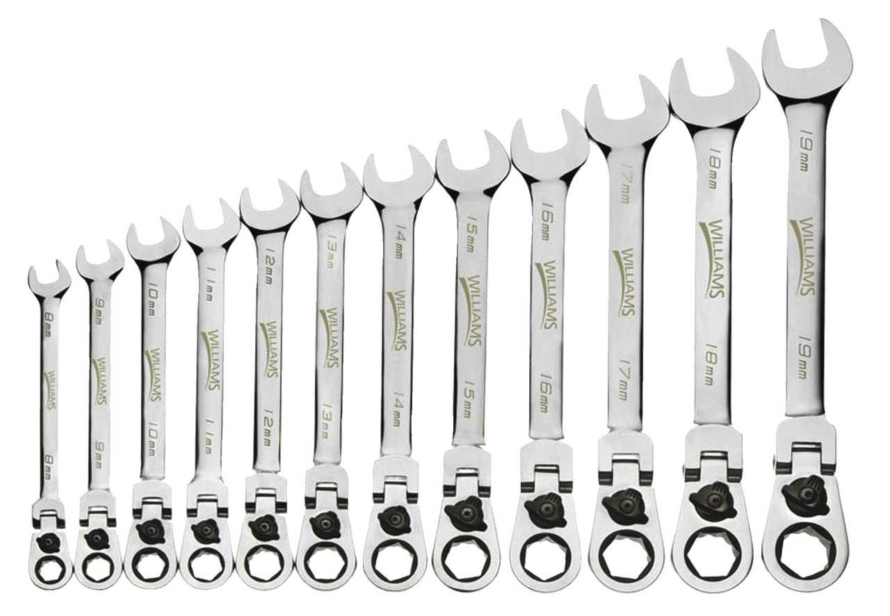 8-19MM Williams Polished Chrome Reversible Flex Head Ratcheting Combination Wrench Set 12 Pcs in Plastic Tray - JHWMWS-12RCF Pro Torque Tools