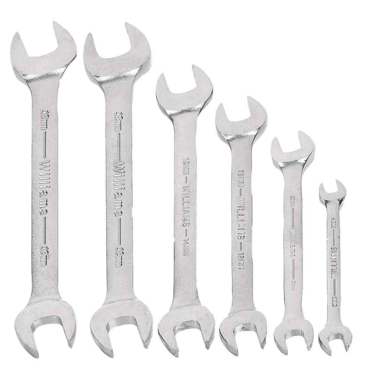 7x8"-17x19" Williams Satin Chrome Double Head Open End Wrench Set 6 Pcs in Pouch - JHWMWS-26 Pro Torque Tools