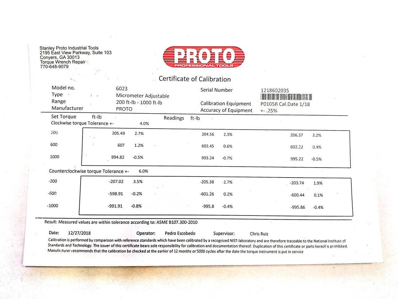 Proto 1 Dr 200-00 Ft Lbs Proto Adjustable Torque Wrench - J6023