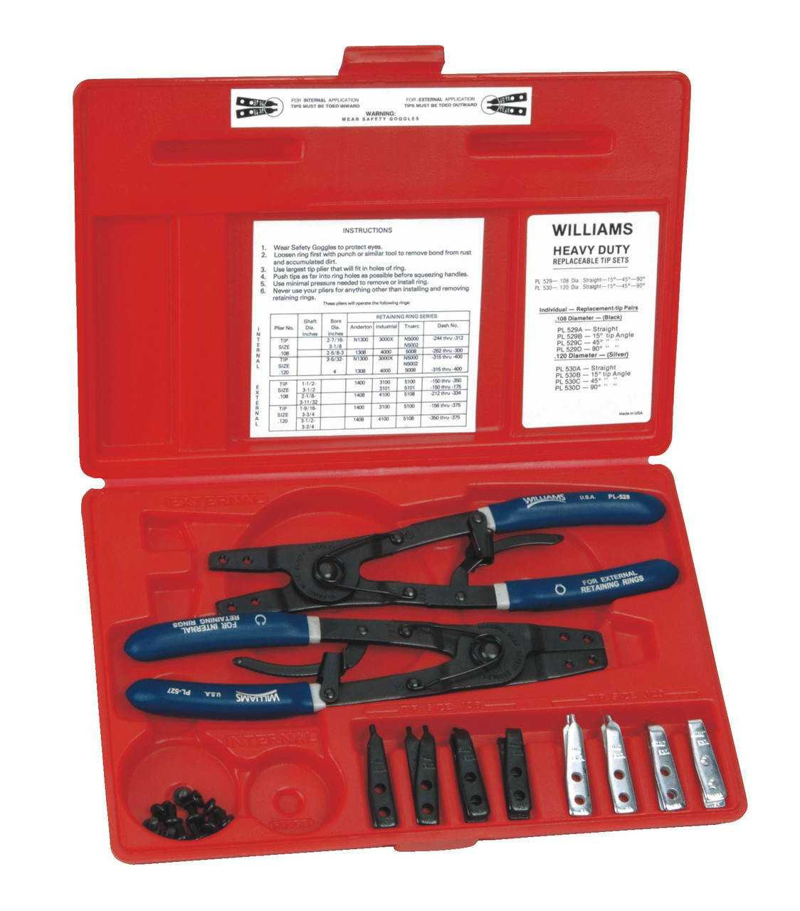 5/16 - 11/32" Williams Heavy Duty Retaining Ring Pliers Set - JHWPL-529 Pro Torque Tools