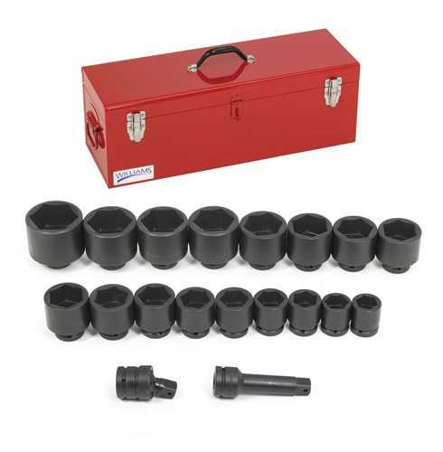 1 1/2 - 3 1/2" Williams 1" Dr Shallow Impact Socket Set 6Pt 19 Pcs & Tool Box - WS-7-19TB Pro Torque Tools