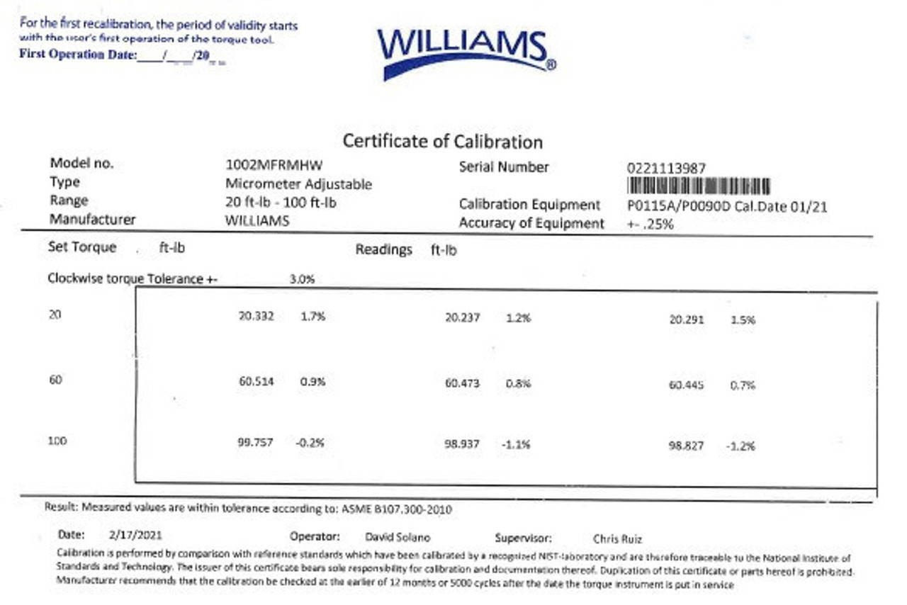 Williams Certificate Of Calibration