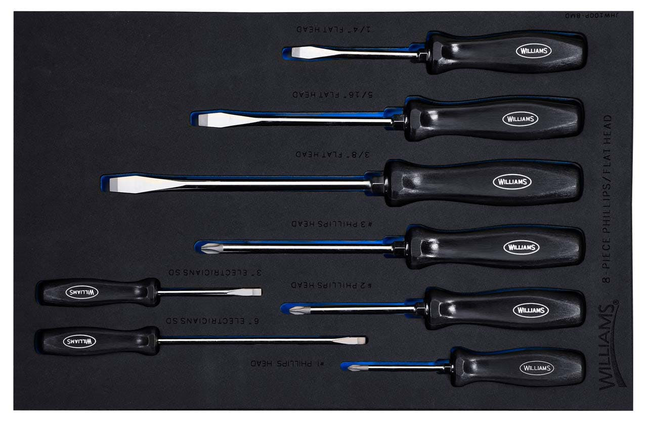 Williams Endurogrip Screwdriver Set in 1/3 Foam Drawer Insert 8 Pcs - JHWF100P-8MD Pro Torque Tools