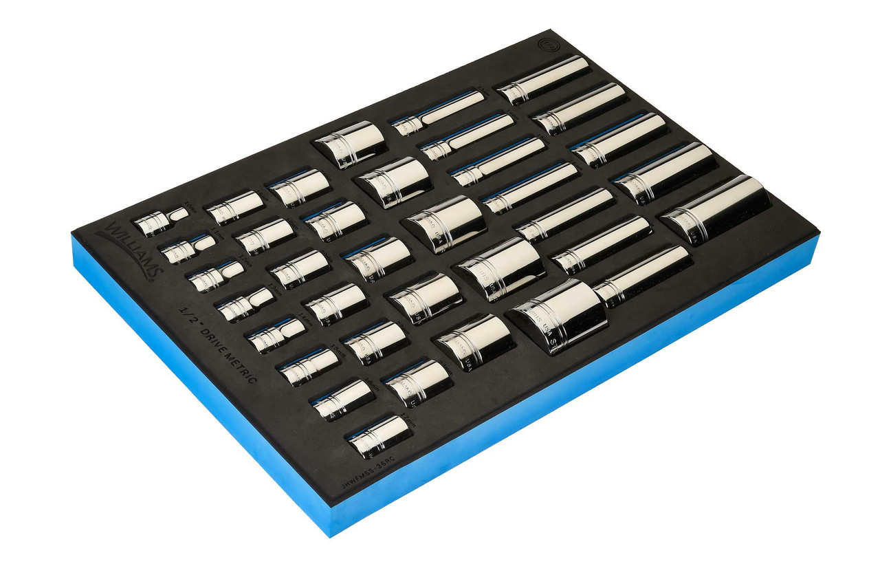 Williams 1/2" Dr Shallow & Deep Socket Set 1/3 Foam Drawer Inset 12 Pt 36 Pcs - JHWFMSS-36RC