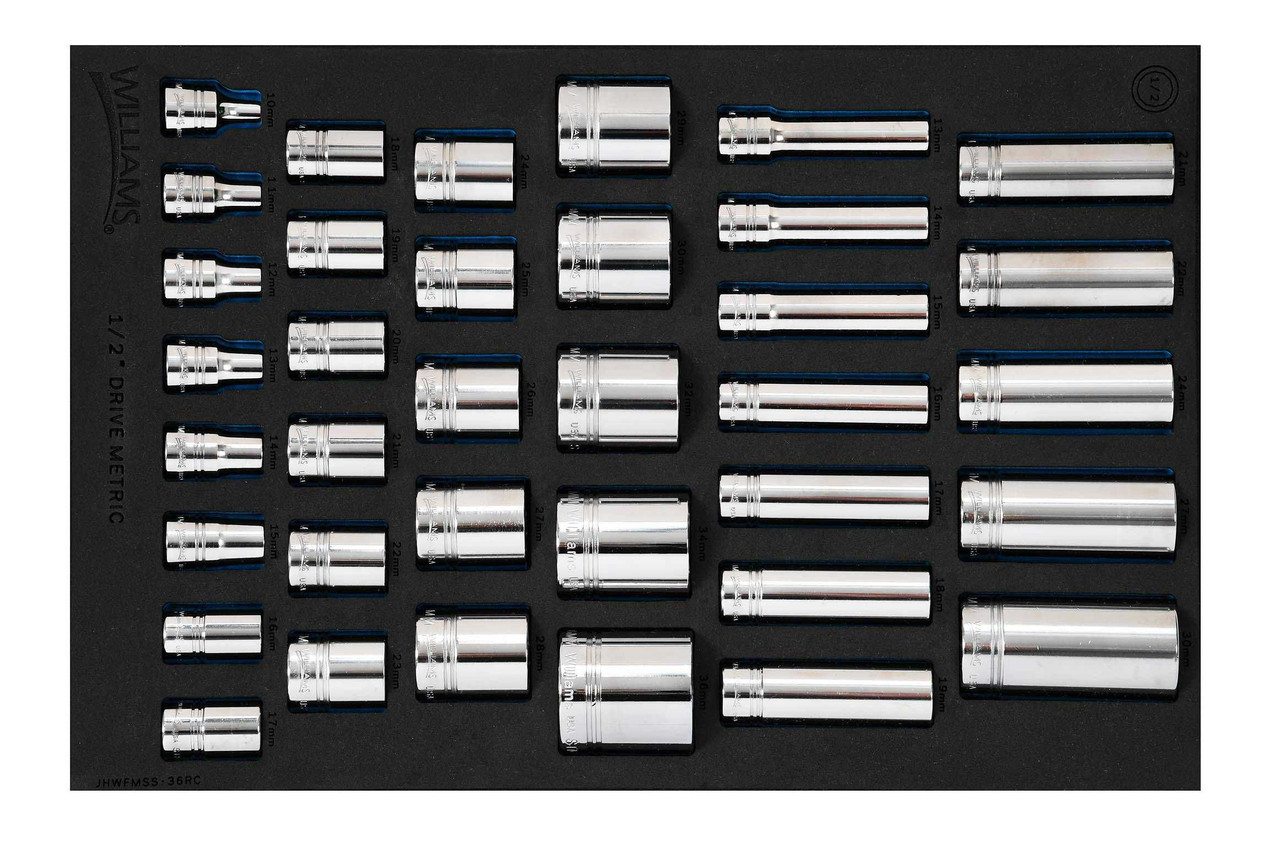 Williams 1/2" Dr Shallow & Deep Socket Set 1/3 Foam Drawer Inset 12 Pt 36 Pcs - JHWFMSS-36RC Pro Torque Tools