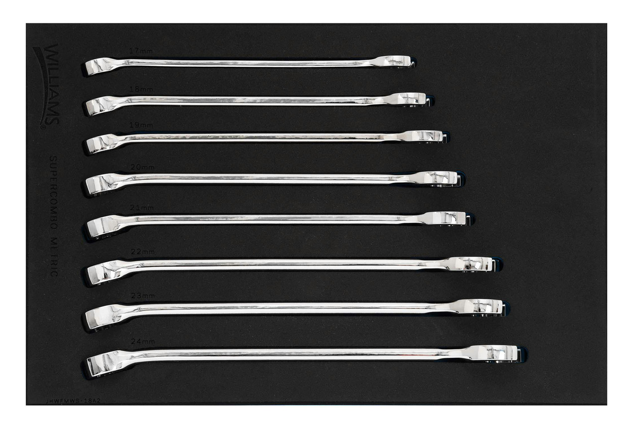 17 - 24 MM Williams SUPERCOMBO Combination Wrench Set in 1/3 Foam Drawer Inset 12 Pt 8 Pcs - JHWFMWS-18A2 Pro Torque Tools