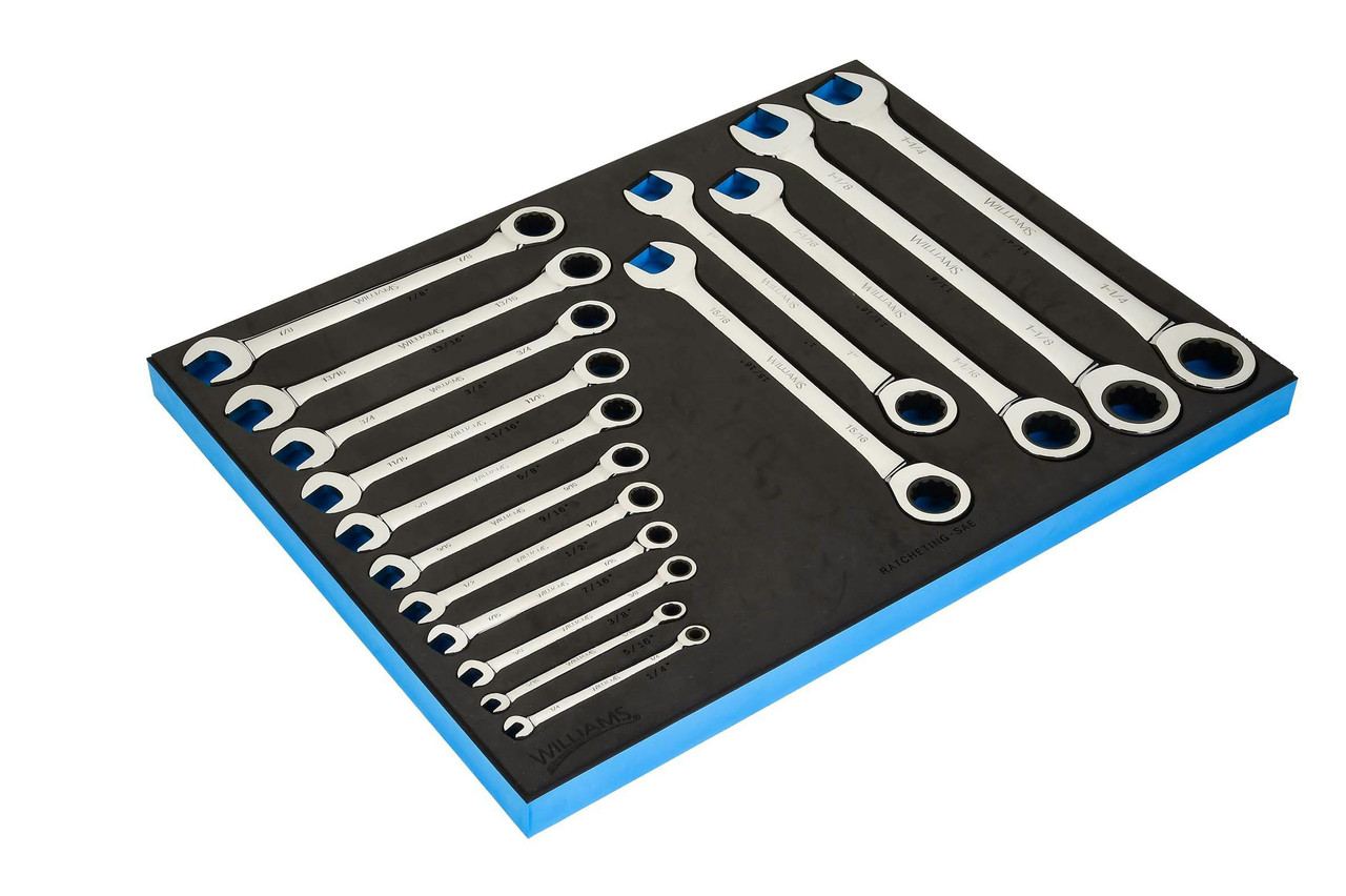 1/4 - 1-1/4" Williams Ratcheting Combination Wrench Set in 1/3 Foam Drawer Inset 16 Pcs - JHWFWS-1122NRC