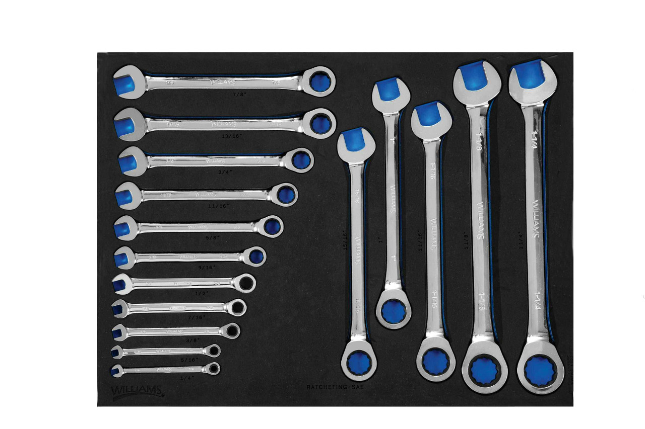 1/4 - 1-1/4" Williams Ratcheting Combination Wrench Set in 1/3 Foam Drawer Inset 16 Pcs - JHWFWS-1122NRC Pro Torque Tools