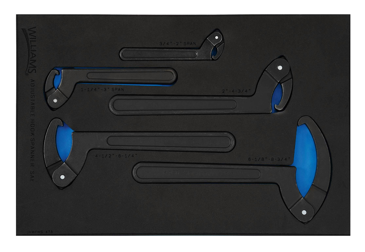 Williams Adjustable Hook Spanner Wrench Set in 1/3 Foam Drawer Inset 5 Pcs - JHWFWS-475 Pro Torque Tools