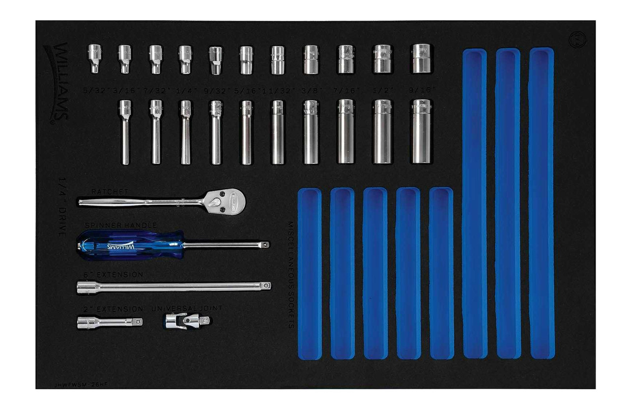 Williams 1/4" Dr Standard Socket and Drive Tool Set 1/3 Foam Drawer Inset 6 Pt 27 Pcs - JHWFWSM-26HF Pro Torque Tools