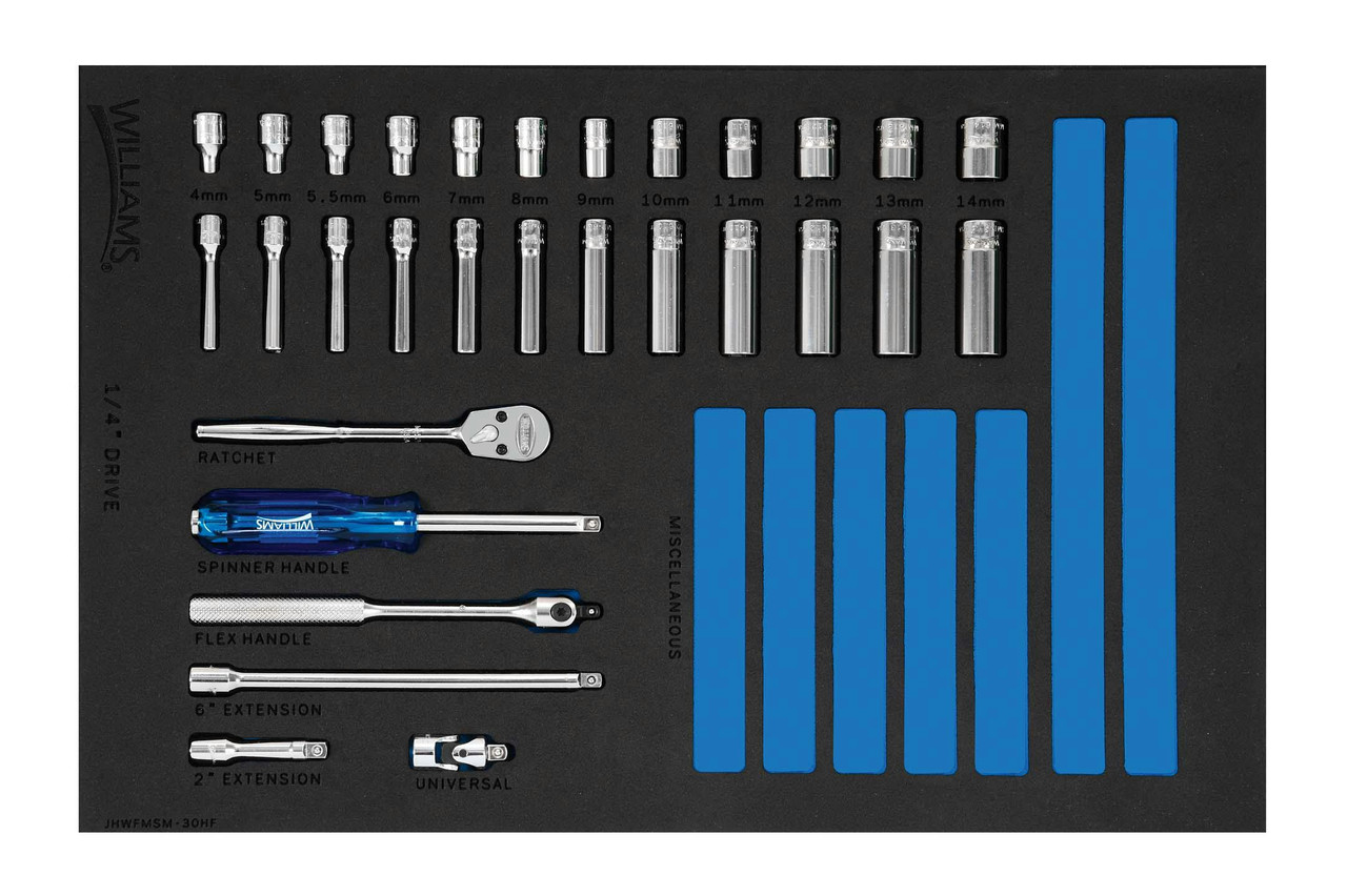 Williams 1/4" Dr Shallow & Deep Socket and Drive Tool Set 1/3 Foam Drawer Inset 6 Pt 30 Pcs - JHWFMSM-30HF