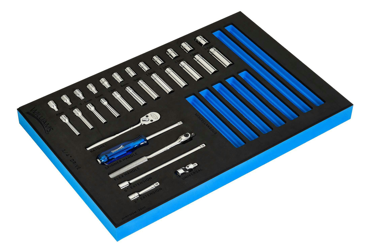 Williams 1/4" Dr Shallow & Deep Socket and Drive Tool Set 1/3 Foam Drawer Inset 6 Pt 30 Pcs - JHWFMSM-30HF