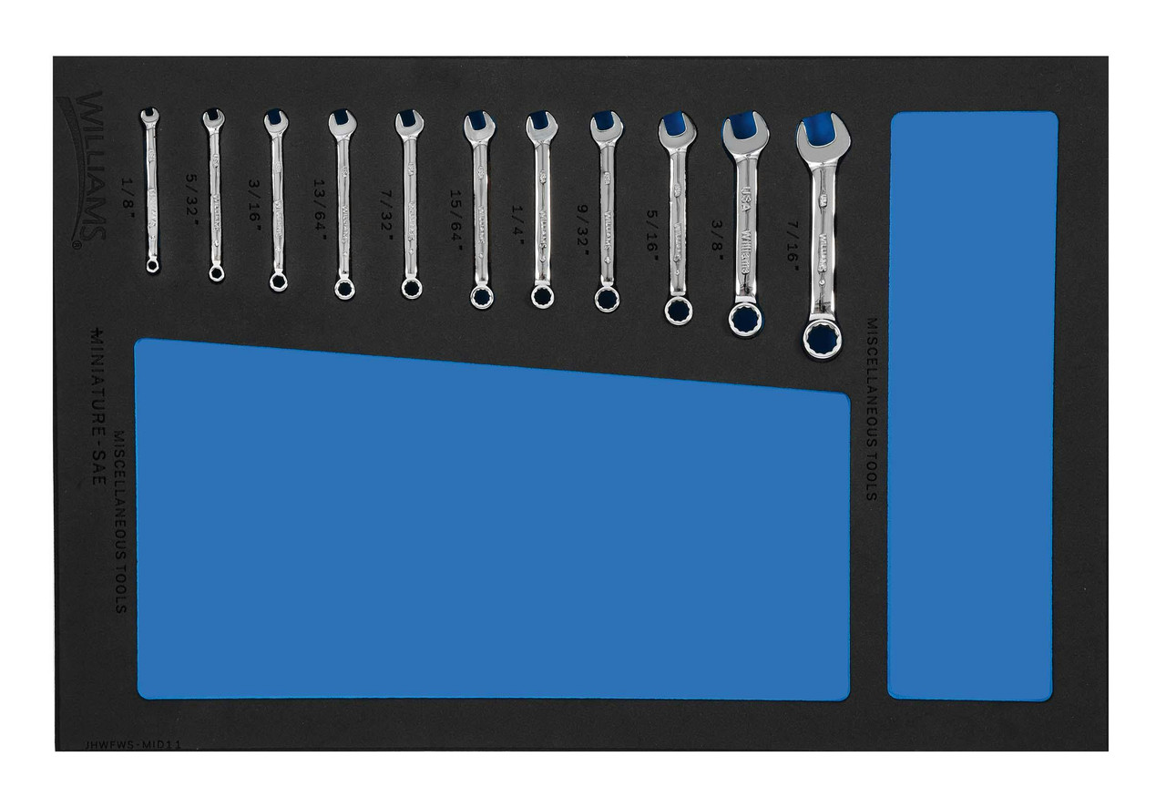 1/8 - 7/16" Williams Miniature Combination Wrench Set in 1/3 Foam Drawer Inset 11 Pcs - JHWFWS-MID11