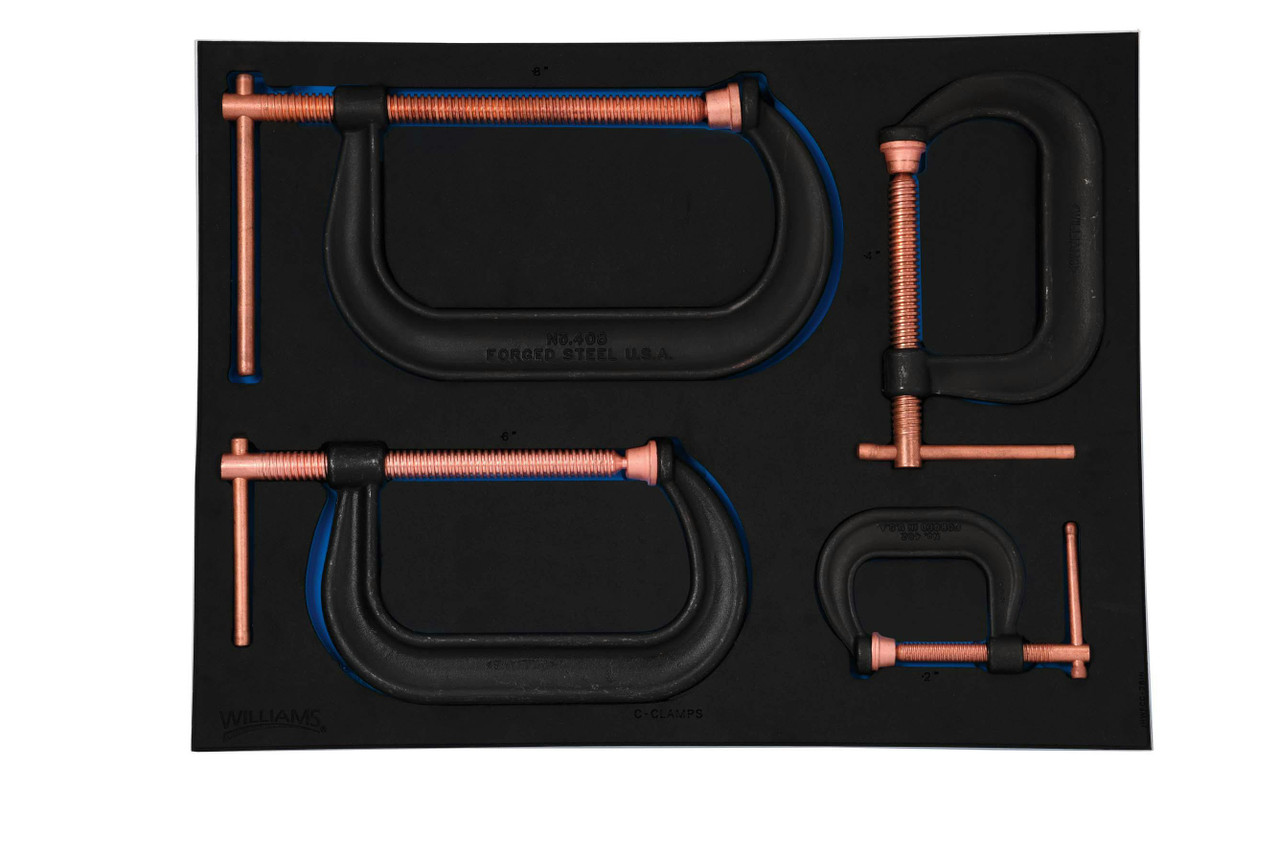 Williams C-Clamp with Copper Screw Set in 2/3 Foam Drawer Inset 4 Pcs - JHWFCC-28IN Pro Torque Tools