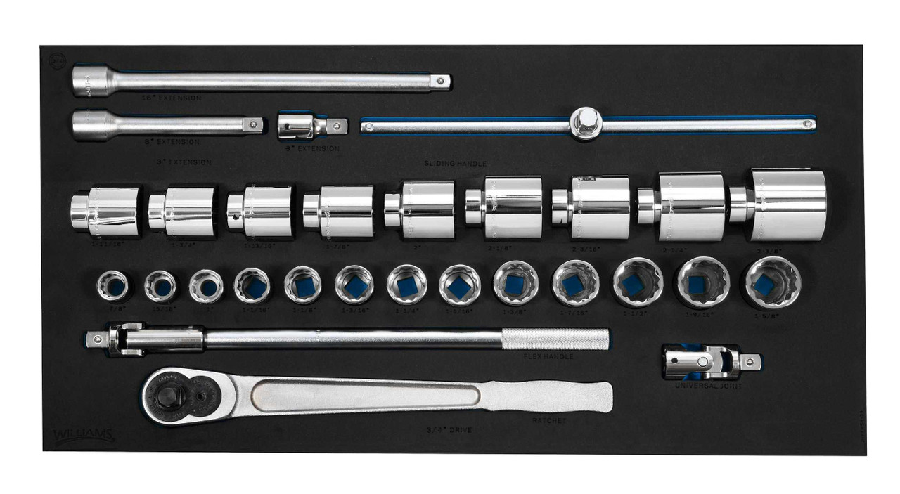 Williams 3/4" Dr Socket and Drive Tool Set in 3/3 Foam Drawer Inset 12 Pt 29 Pcs - JHWFWSH-29 Pro Torque Tools