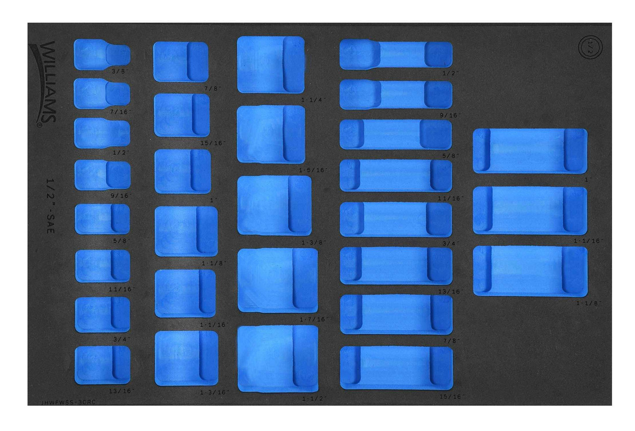 Williams 1/3 Foam Drawer Inset for 1/2" Dr Shallow & Deep Socket Set 12 Pt 30 Pcs - JHWFWSS-30RC13FM Pro Torque Tools