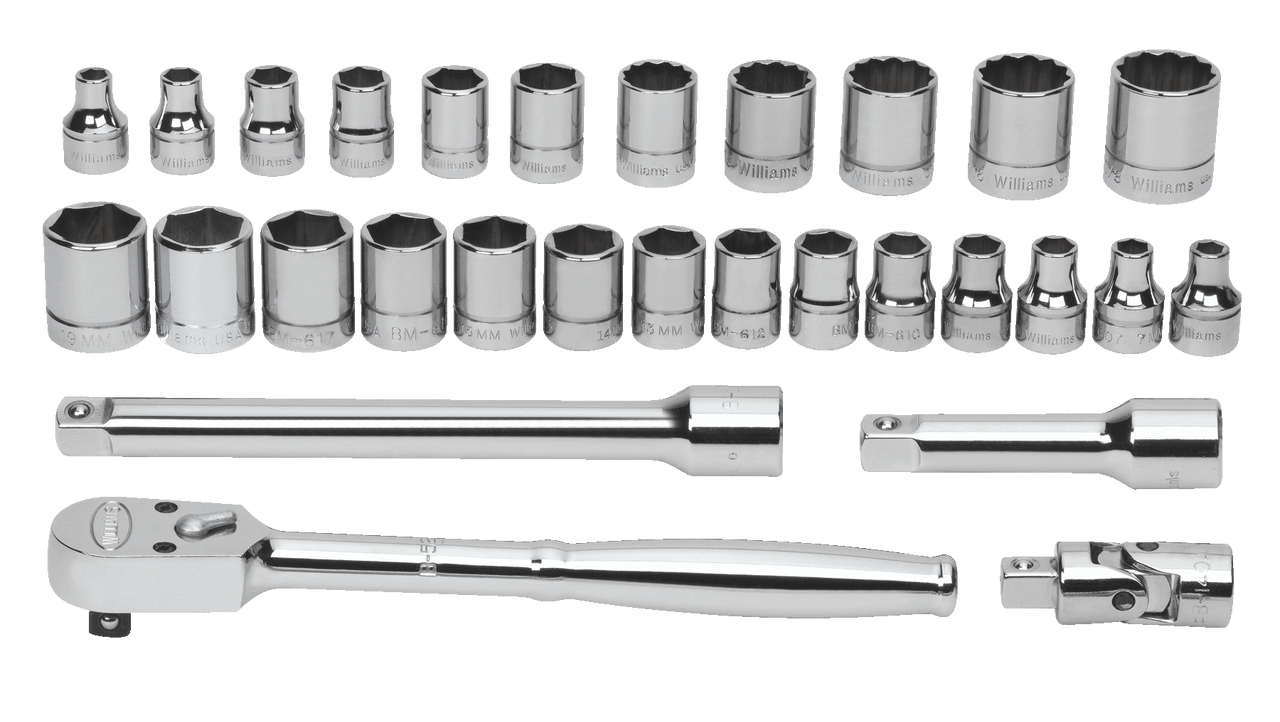 Williams 3/8" Dr Shallow Socket and Drive Tool Set Packed Keep Safe Foam in Metal Tool Box 6 & 12 Pt 29 Pcs - JHWWSMB29FTB Pro Torque Tools