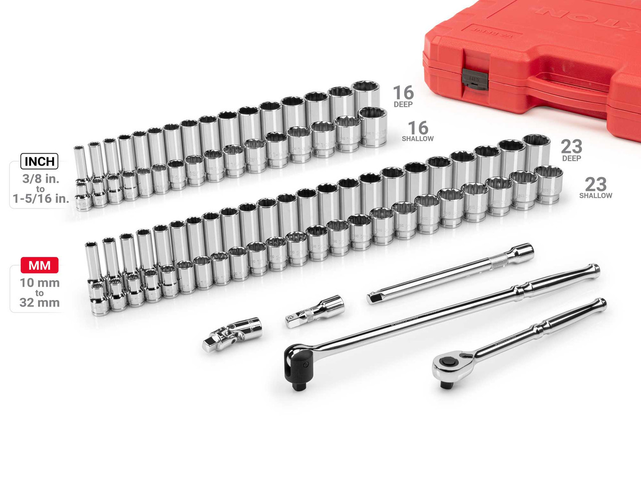 3/8 - 1-5/16", 10 - 32 MM Tekton 1/2" Dr Shallow and Deep Socket and Ratchet Set with Case 12 Pt 83 Pcs - SKT25316 New Pro Torque Tools