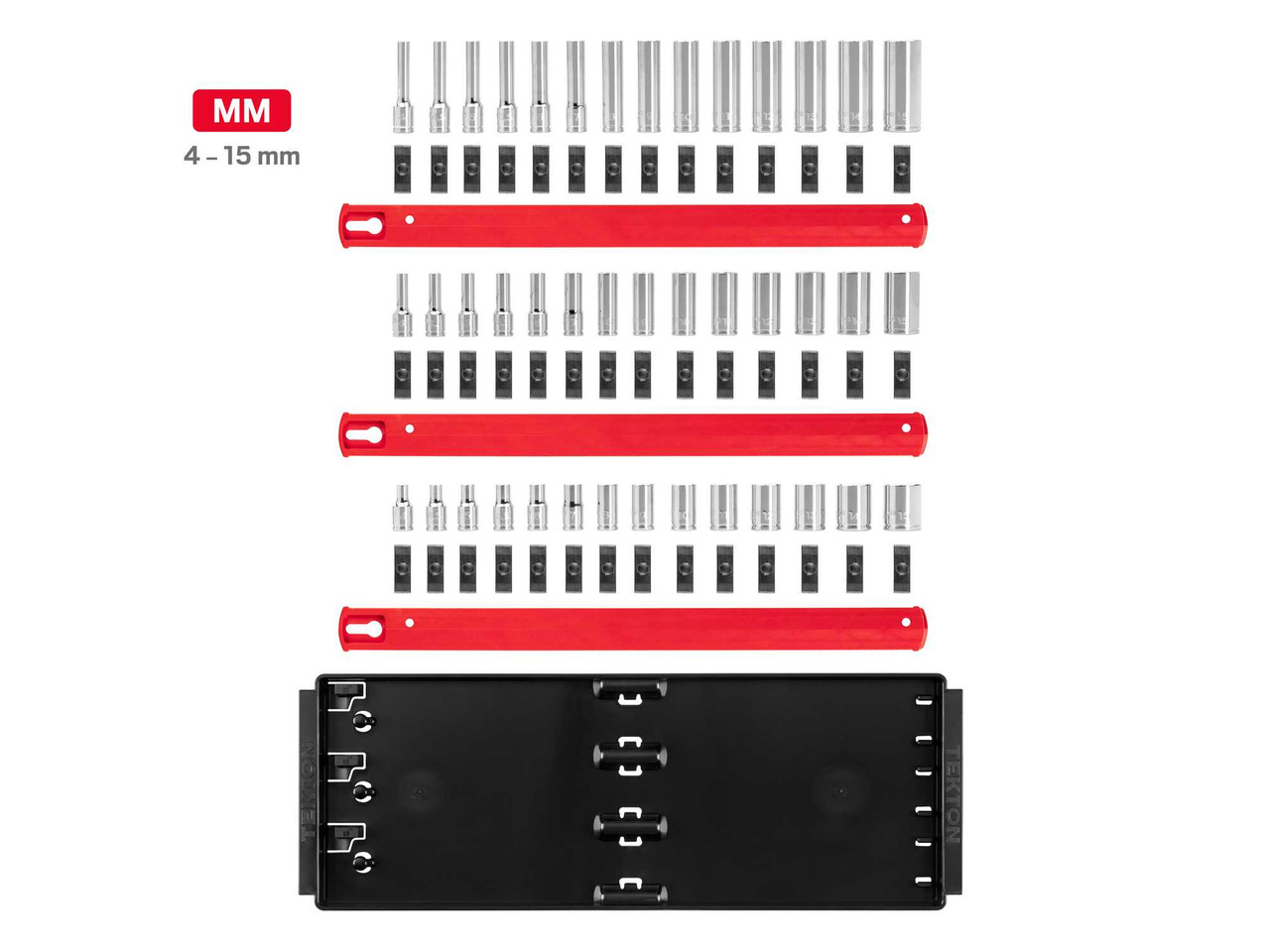 4 - 15 MM Tekton 1/4" Dr Shallow Semi-Deep and Deep Socket Set with Rails and Trays 6 Pt 42 Pcs - SHD90120 New Pro Torque Tools