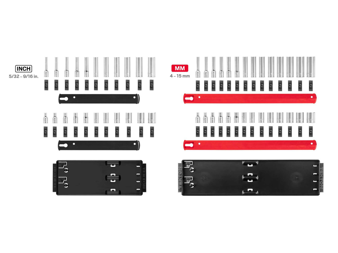 5/32 - 9/16", 4 - 15 MM Tekton 1/4" Dr Shallow and Deep Socket Set with Rails and Trays 6 Pt 50 Pcs - SHD90215 New Pro Torque Tools