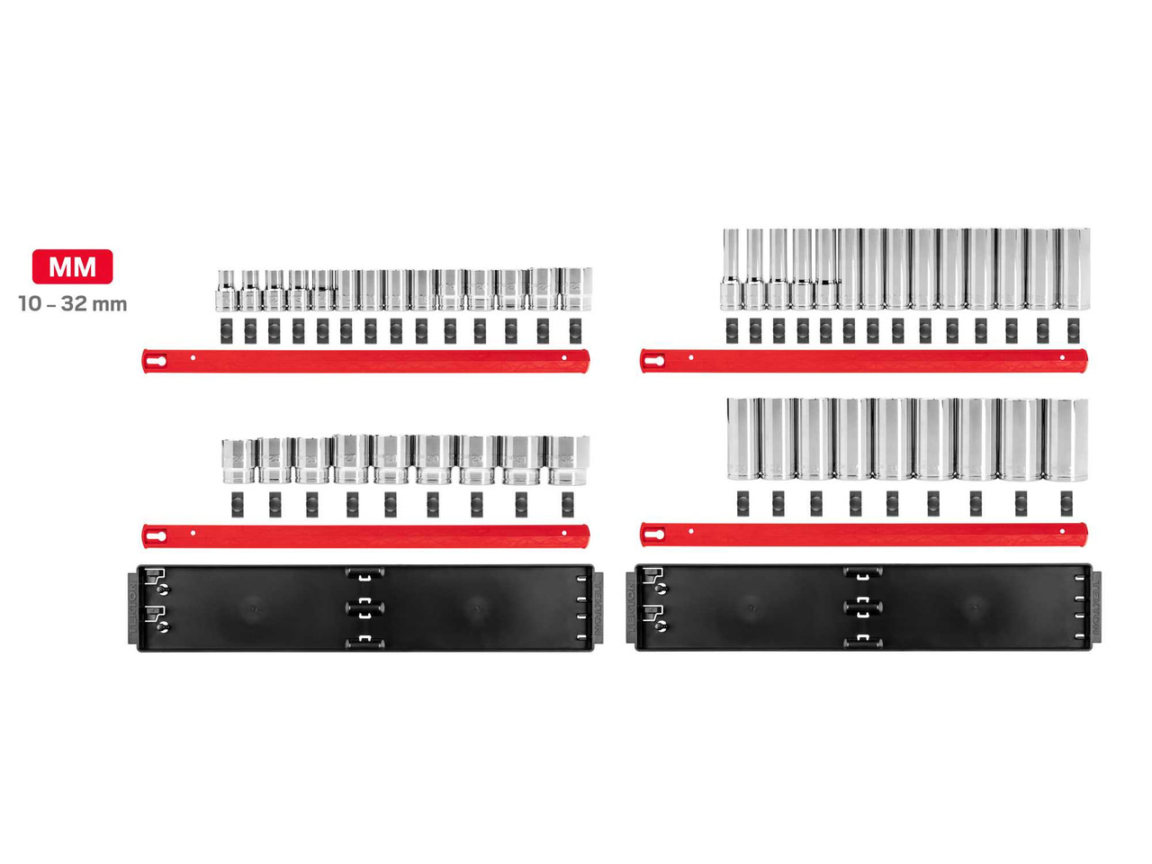10 - 32 MM Tekton 1/2" Dr Shallow and Deep Socket Set with Rails and Tray 6 Pt 46 Pcs - SHD92207 New Pro Torque Tools