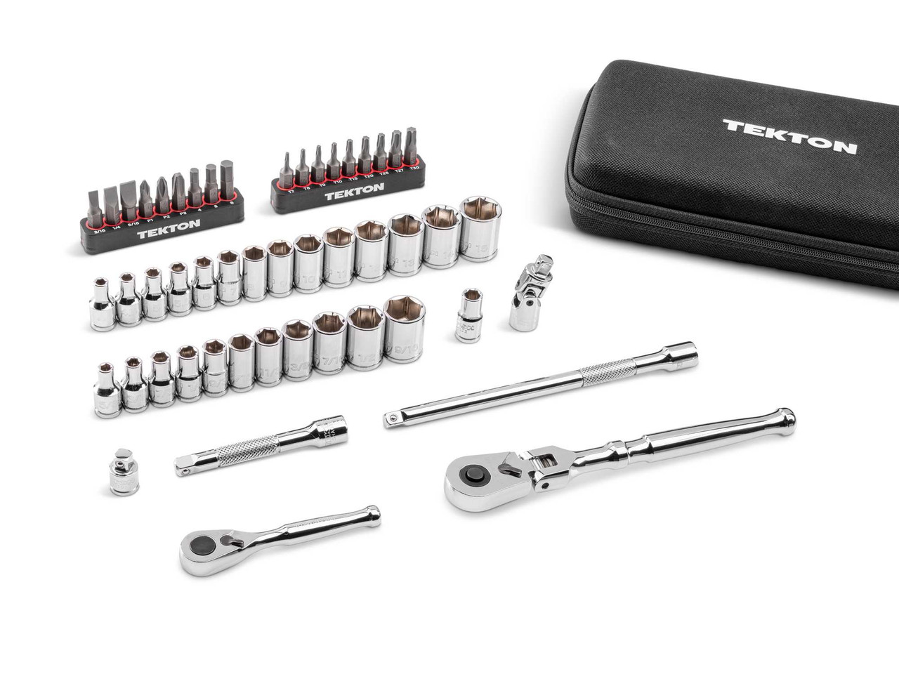 Tekton 1/4" Dr Small Engine Socket, Bit, and Flex Head Quick-Release Ratchet Set with Case 6 Pt 50 Pcs - SKT07904 New Pro Torque Tools