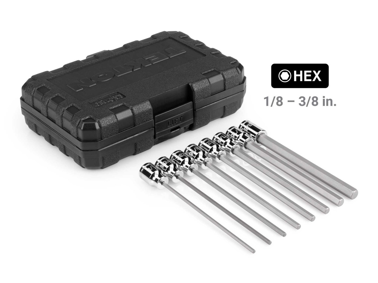 1/8 - 3/8" Tekton 3/8" Dr Long Hex Bit Socket Set with Case 8 Pcs - SHB91313 New Pro Torque Tools