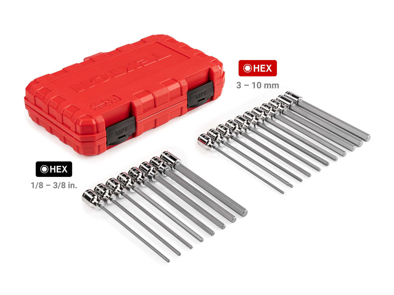 1/8 - 3/8", 3 - 10 MM Tekton 3/8" Dr Long Hex Bit Socket Set with Case 19 Pcs - SHB91315 New Pro Torque Tools