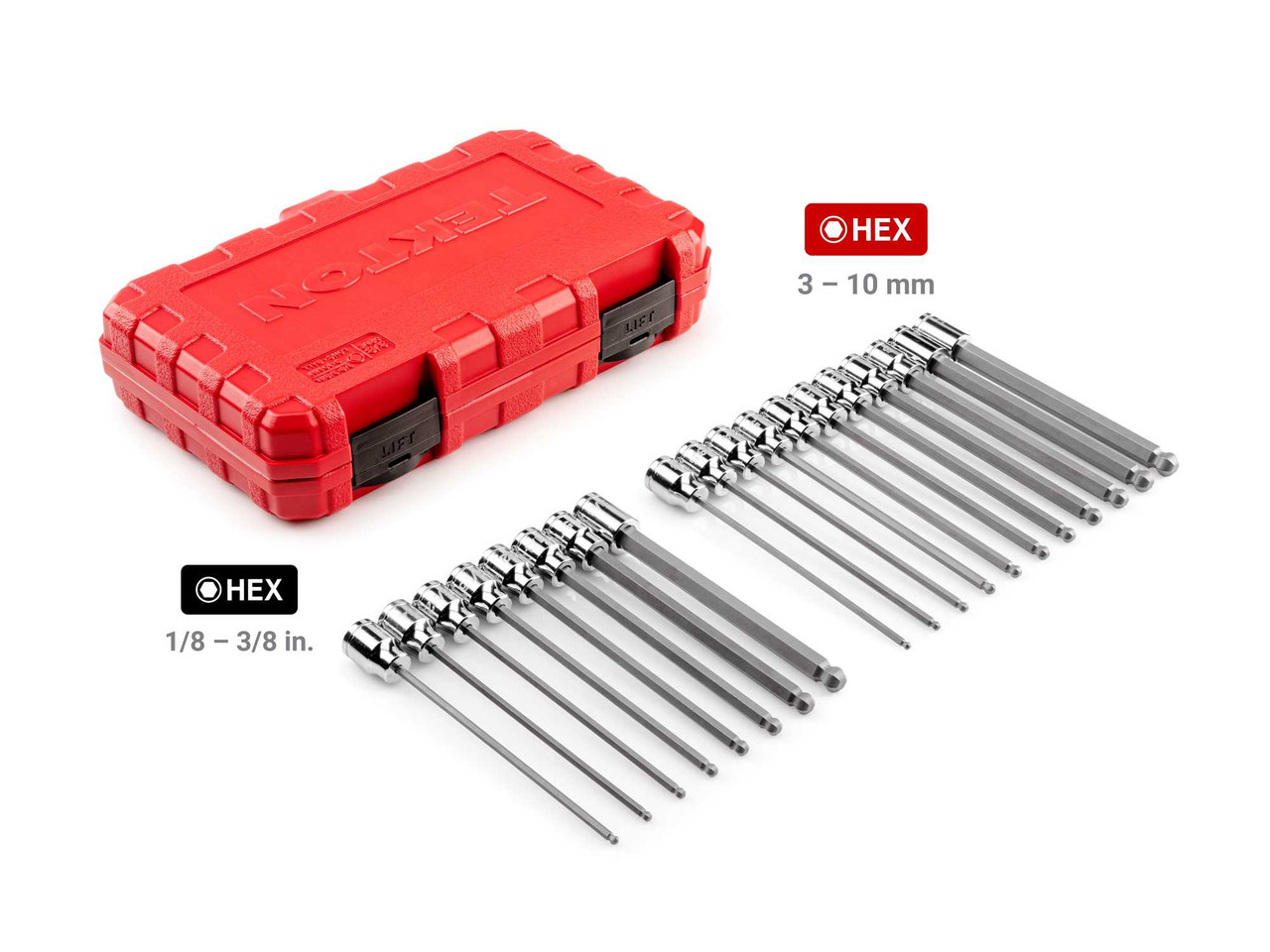 1/8 - 3/8", 3 - 10 MM Tekton 3/8" Dr Long Ball End Hex Bit Socket Set with Case 19 Pcs - SHB91321 New Pro Torque Tools