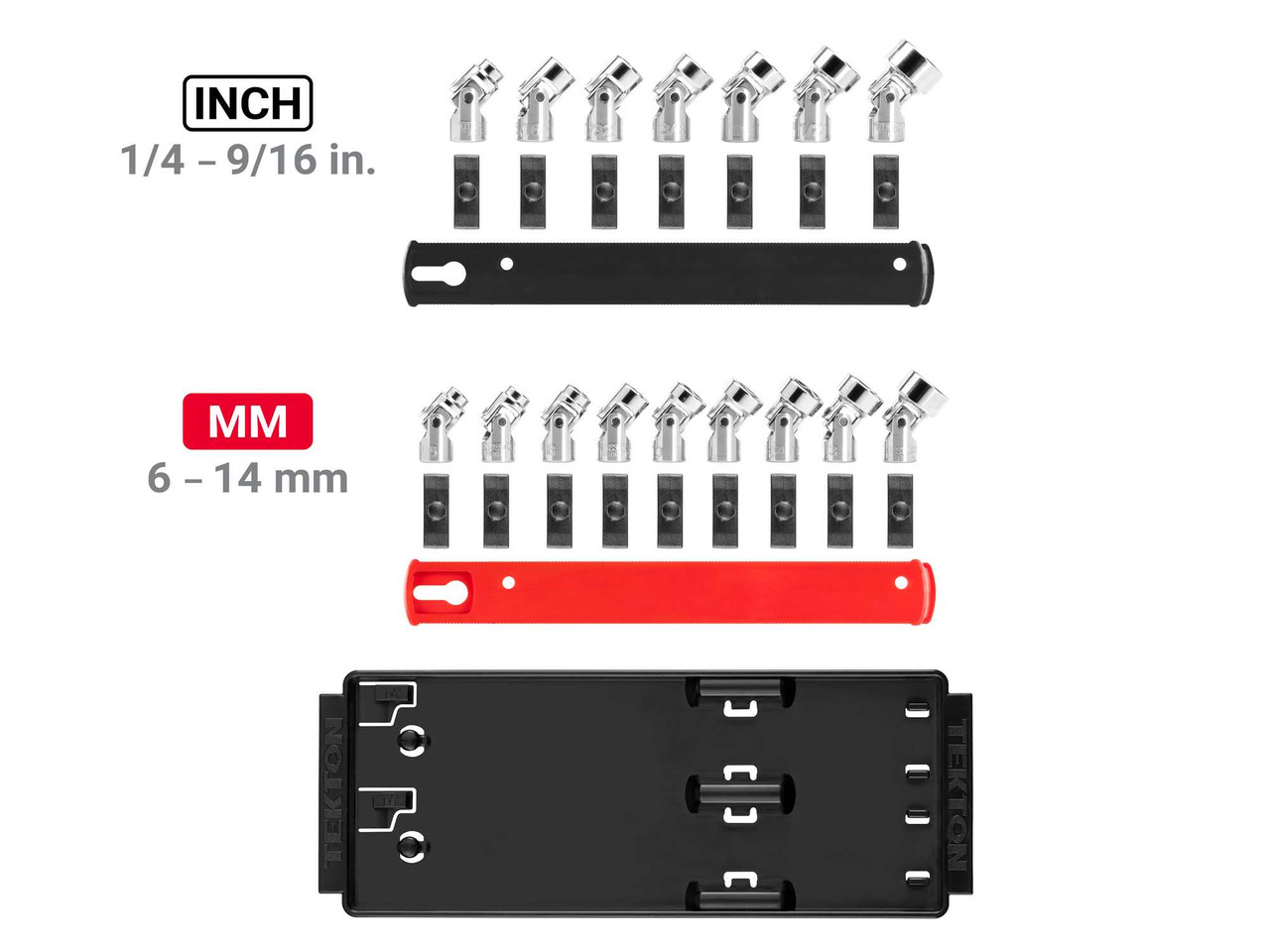 1/4 - 9/16", 6 - 14 MM Tekton 1/4" Dr Shallow Universal Joint Socket Set with Rails and Tray 6 Pt 16 Pcs - SHD90217 New Pro Torque Tools