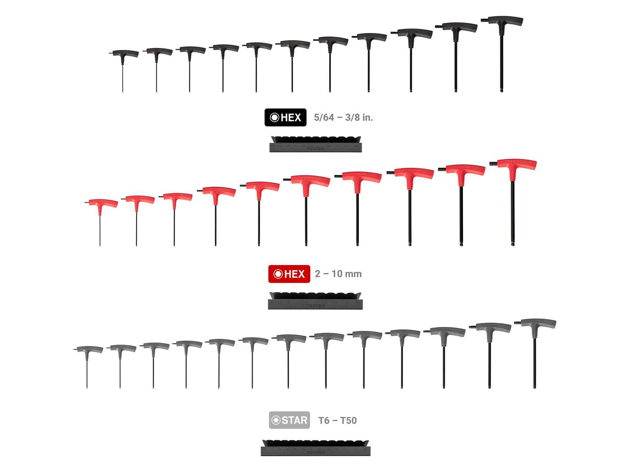 5/64 - 3/8", 2 - 10 mm, T6 - T50 Tekton Ball End Hex and Star T-Handle Key Set with Stands 34 Pcs - KEY92001 New Pro Torque Tools