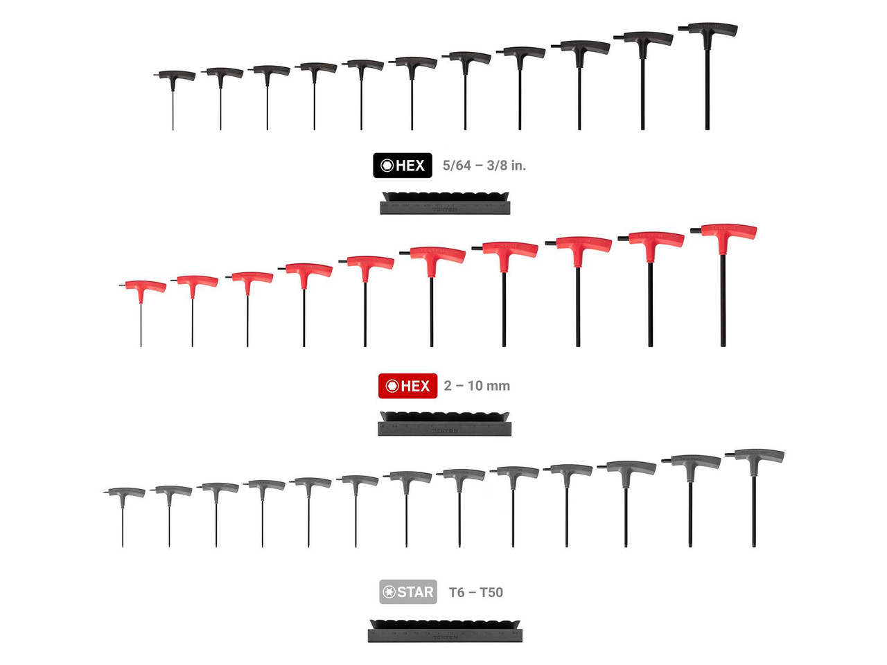5/64 - 3/8", 2 - 10 mm, T6 - T50 Tekton Flat End Hex and Star T-Handle Key Set with Stands 34 Pcs - KEY92002 New Pro Torque Tools