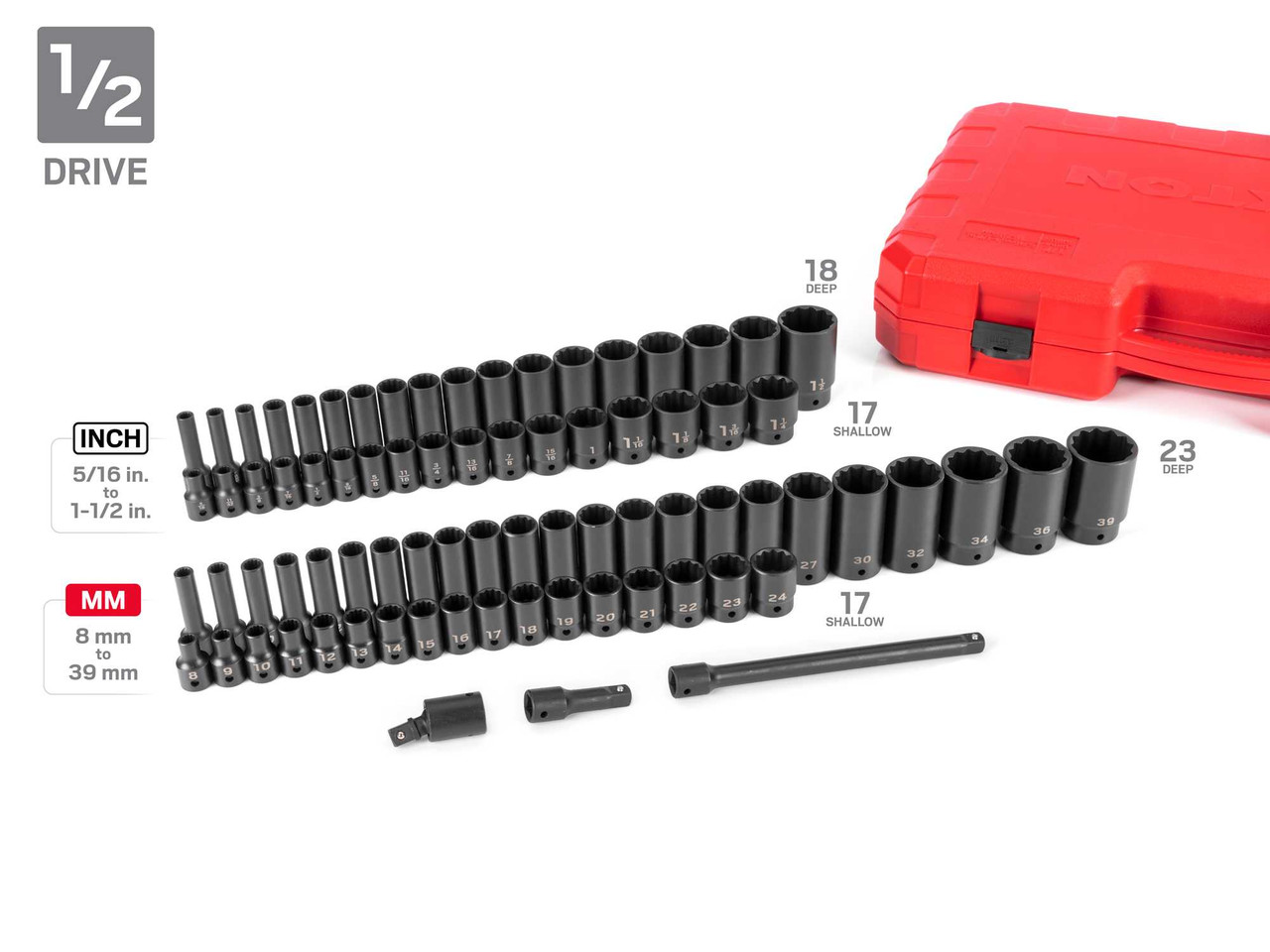 5/32 - 1-1/2", 4 - 39 MM Tekton 1/4, 3/8, 1/2" Dr Shallow and Deep Impact Socket and Accessory Set with Cases 12 Pt 211 Pcs - SID99404 New Pro Torque Tools