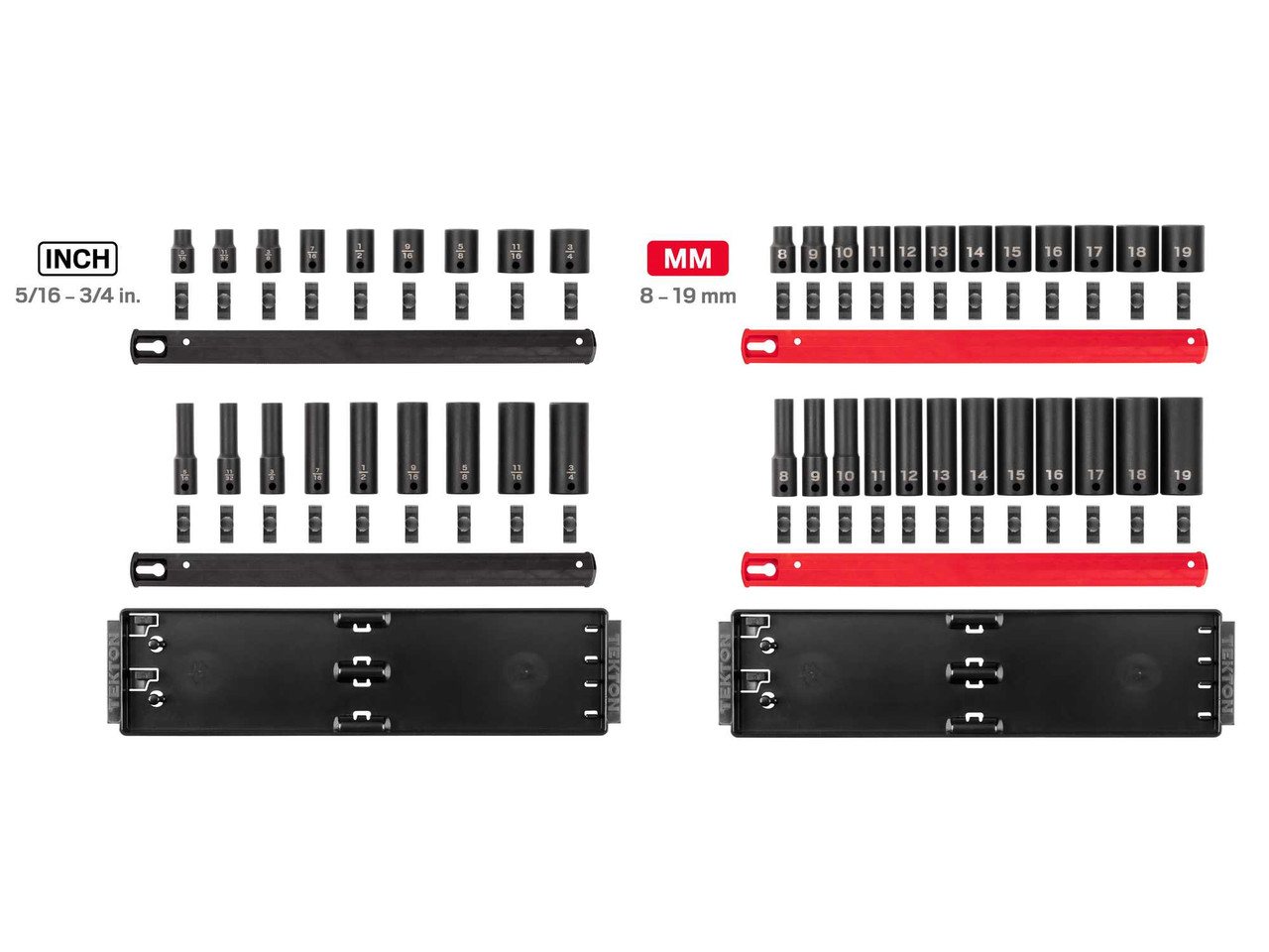 5/16 - 3/4", 8 - 19 MM Tekton 3/8" Dr Shallow and Deep Impact Socket Set with Rails and Trays 6 Pt 42 Pcs - SID91216 New Pro Torque Tools