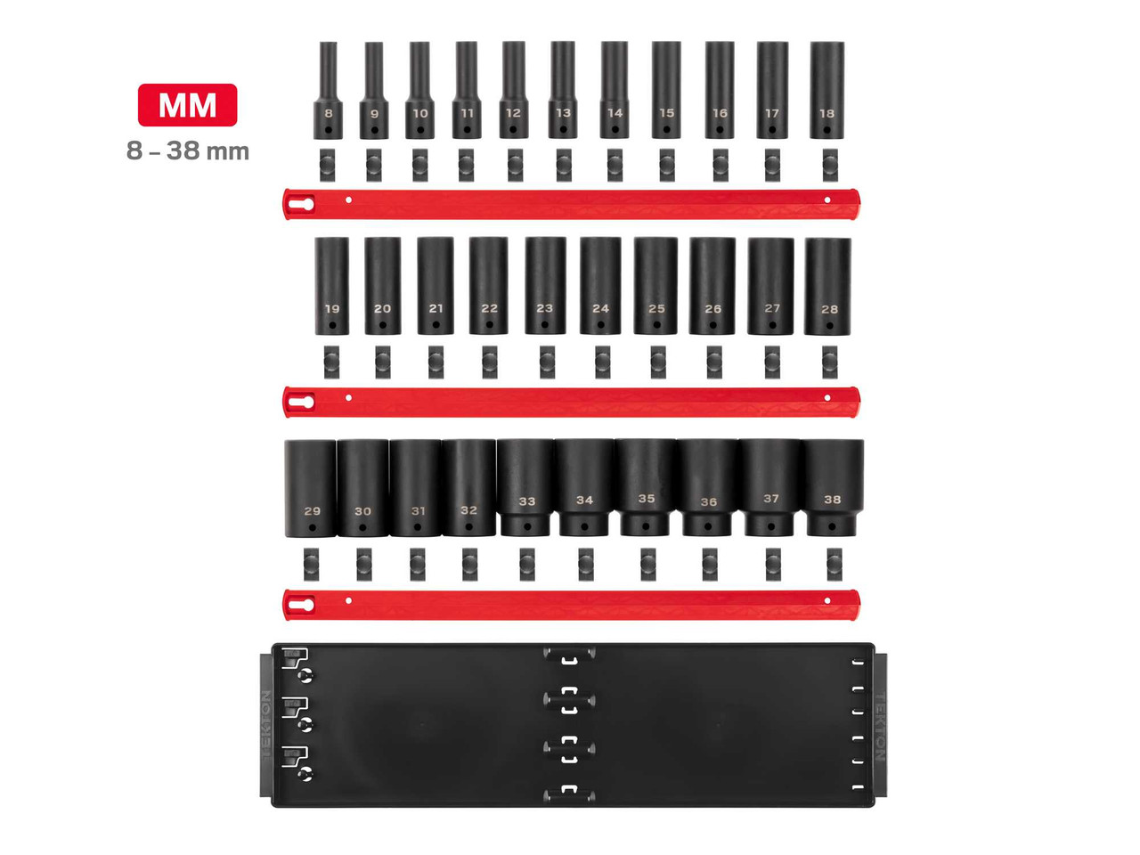 8 - 38 MM Tekton 1/2" Dr Deep Impact Socket Set with Rails and Tray 6 Pt 31 Pcs - SID92105 New Pro Torque Tools