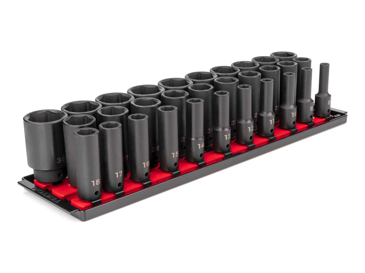 8 - 38 MM Tekton 1/2" Dr Deep Impact Socket Set with Rails and Tray 6 Pt 31 Pcs - SID92105 New Pro Torque Tools