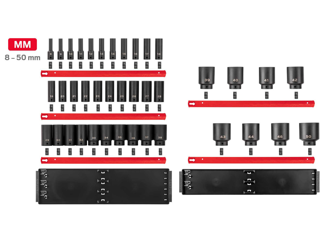 8 - 50 MM Tekton 1/2" Dr Deep Impact Socket Set with Rails and Tray 6 Pt 39 Pcs - SID92113 New Pro Torque Tools