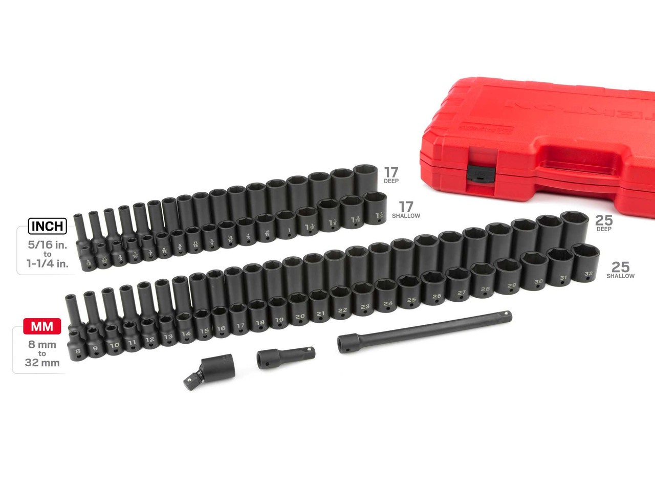 5/16 - 1-1/4", 8 - 32 MM Tekton 1/2" Dr Shallow and Deep Impact Socket and Accessory Set with Case 6 Pt 87 Pcs - SID92407 New Pro Torque Tools