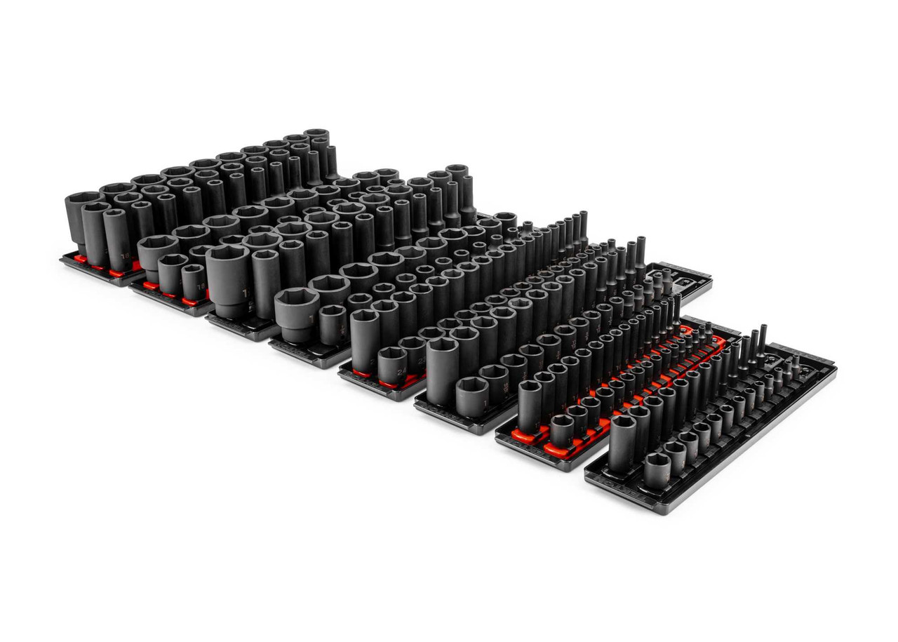 5/32 - 1-1/2", 4 - 38 MM Tekton 1/4, 3/8, 1/2" Dr Shallow and Deep Impact Socket Set with Rails and Trays 6 Pt 230 Pcs - SID99200 New Pro Torque Tools