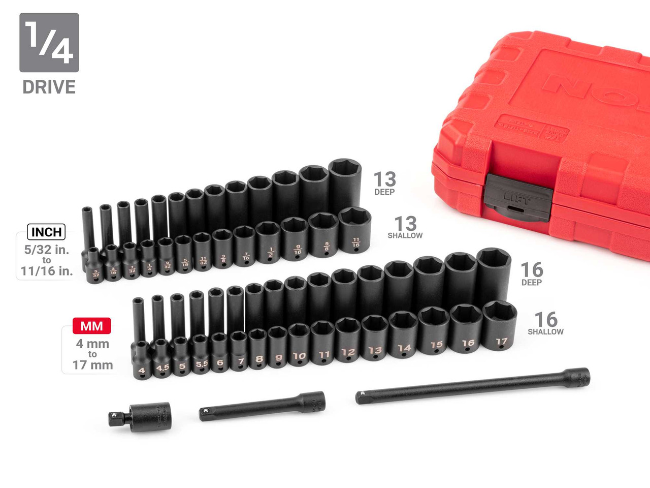 5/32 - 1-1/4", 4 - 32 MM Tekton 1/4, 3/8, 1/2" Dr Shallow and Deep Impact Socket and Accessory Set with Cases 6 Pt 220 Pcs - SID99403 New Pro Torque Tools