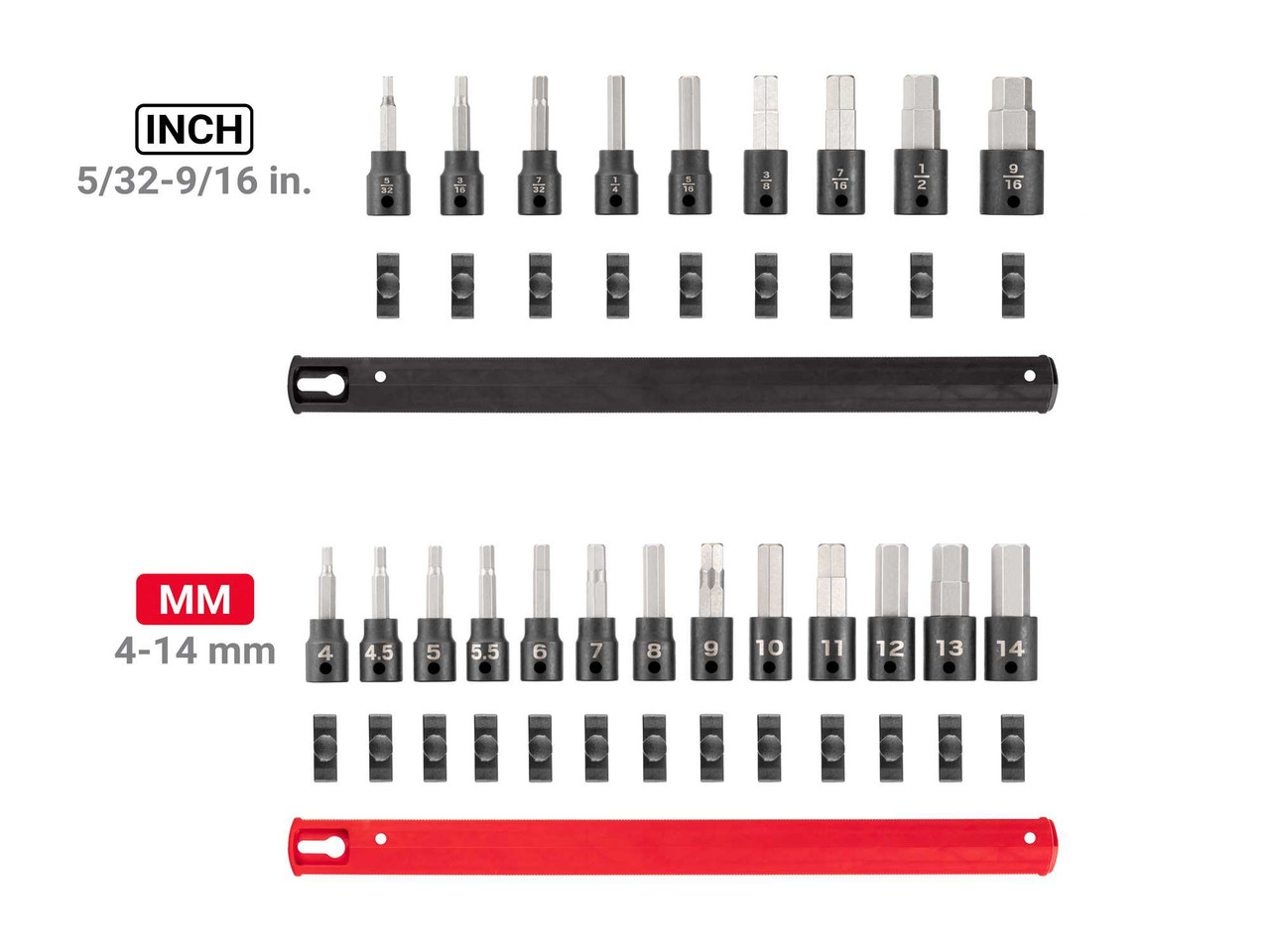 5/32 - 9/16", 4 - 14 MM Tekton 3/8" Dr Hex Impact Bit Socket Set with Rails and Tray 22 Pcs - SIB91201 New Pro Torque Tools