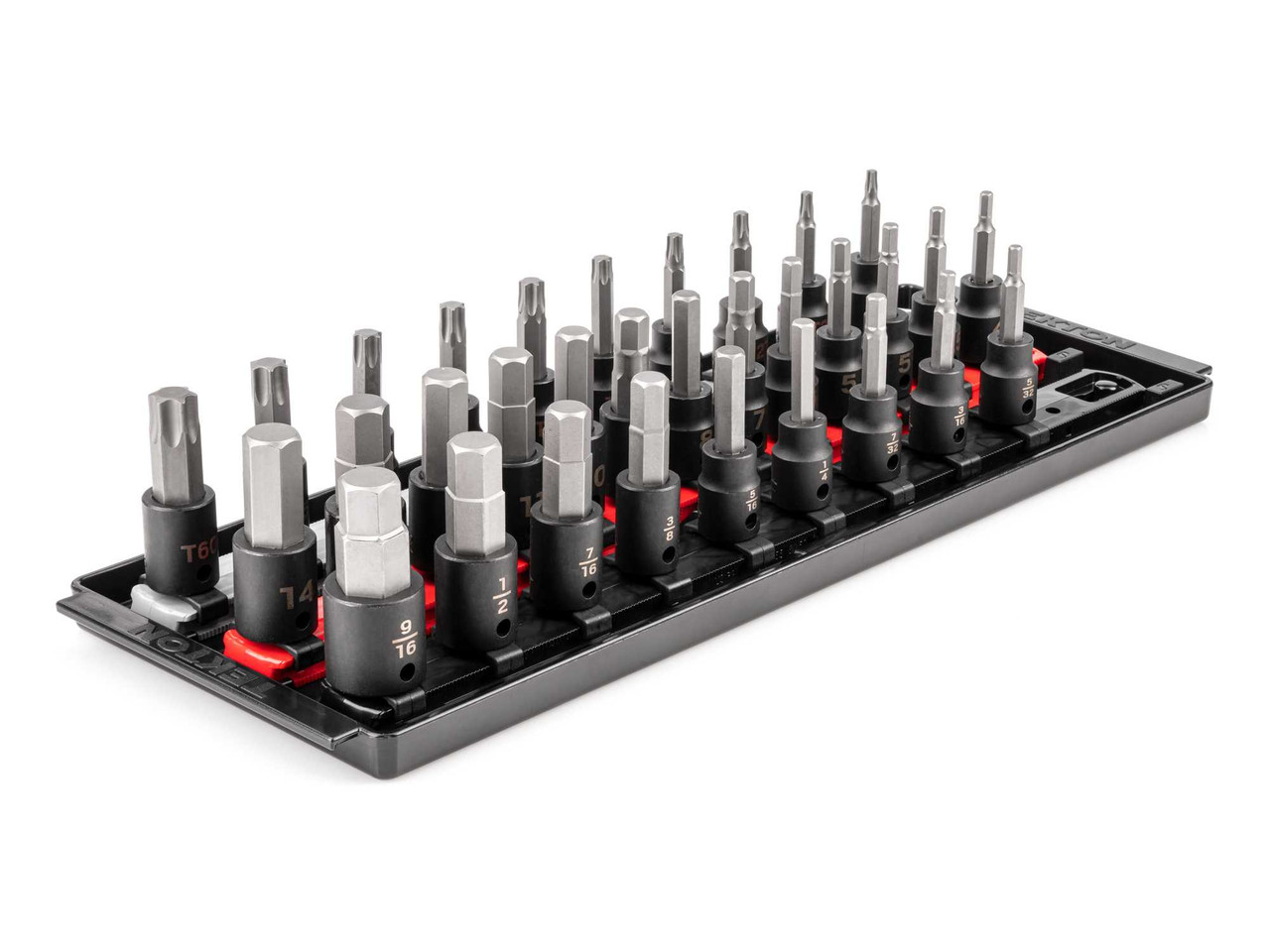 5/32 - 9/16", 4 - 14 mm, T20 - T60 Tekton 3/8" Dr Hex and Torx Impact Bit Socket Set with Rails and Tray 32 Pcs - SIB91202 New Pro Torque Tools