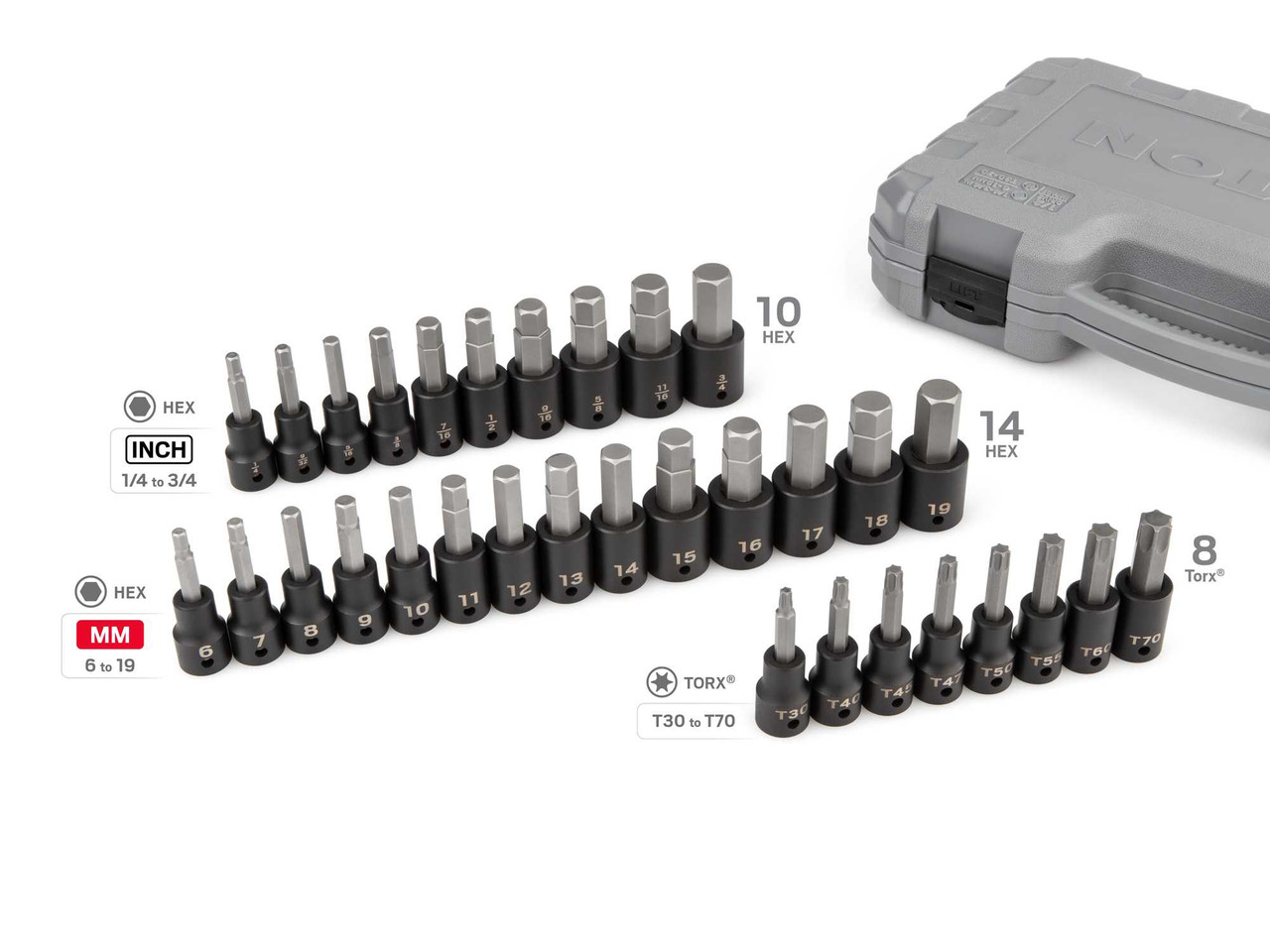 1/4 - 3/4", 6 - 19 mm, T30 - T70 Tekton 1/2" Dr Hex and Torx Impact Bit Socket Set with Case 32 Pcs - SIB92312 New Pro Torque Tools