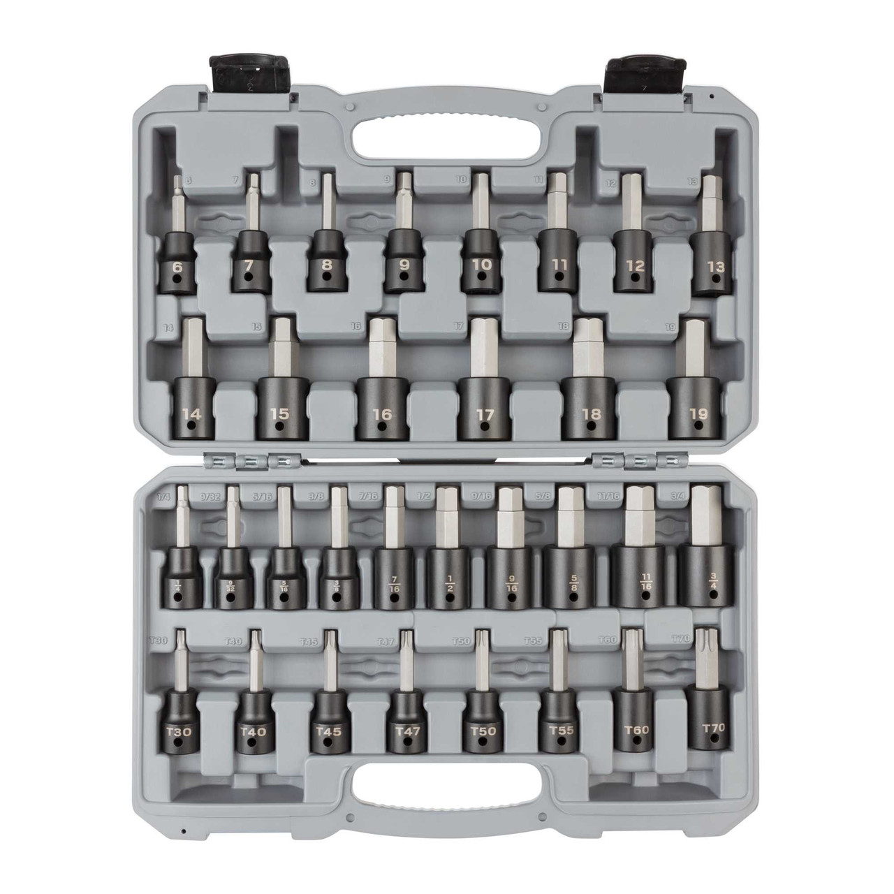 1/4 - 3/4", 6 - 19 mm, T30 - T70 Tekton 1/2" Dr Hex and Torx Impact Bit Socket Set with Case 32 Pcs - SIB92312 New Pro Torque Tools